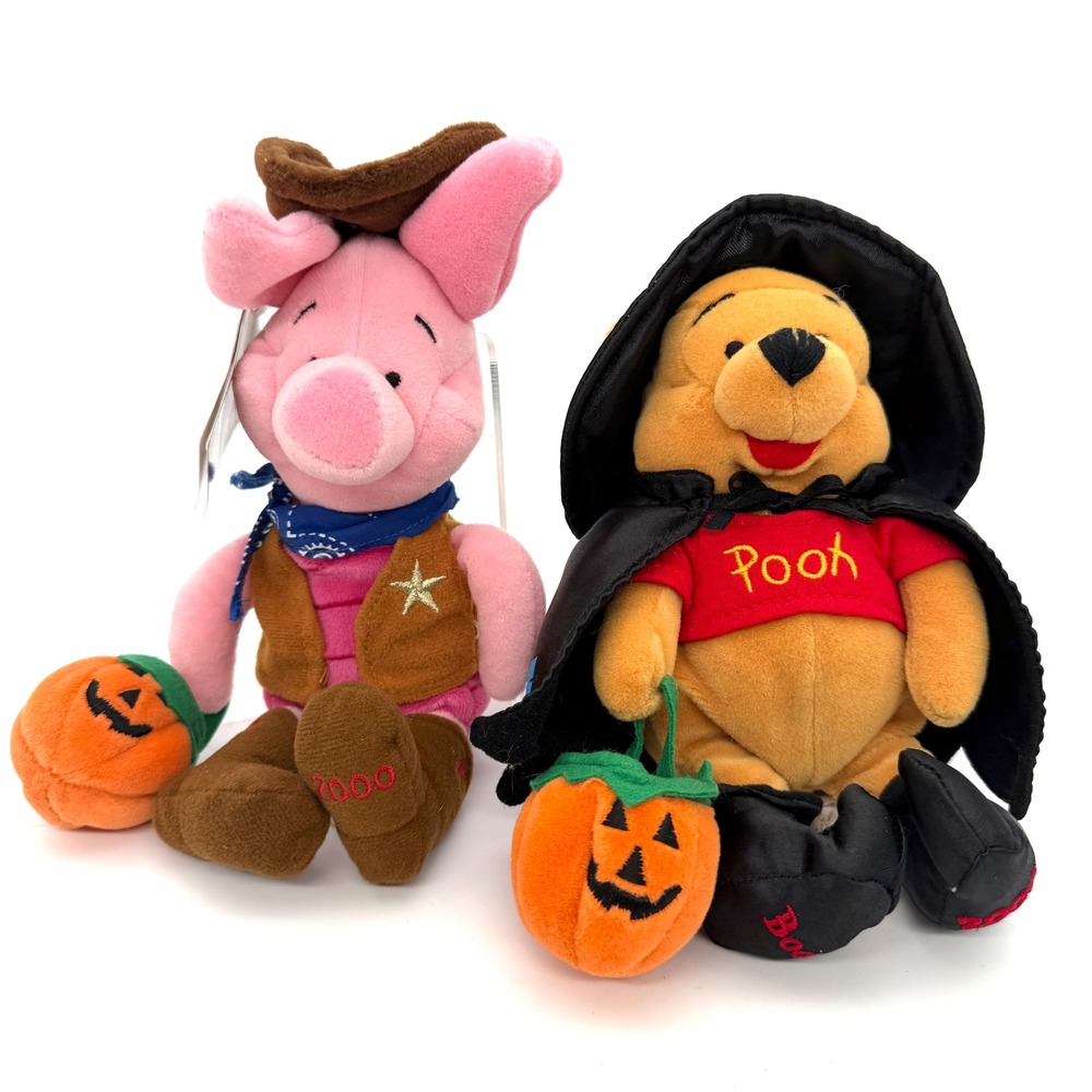 Disney Store Halloween Witch Pooh Cowboy Piglet Bean Bag Plush Pair 2000